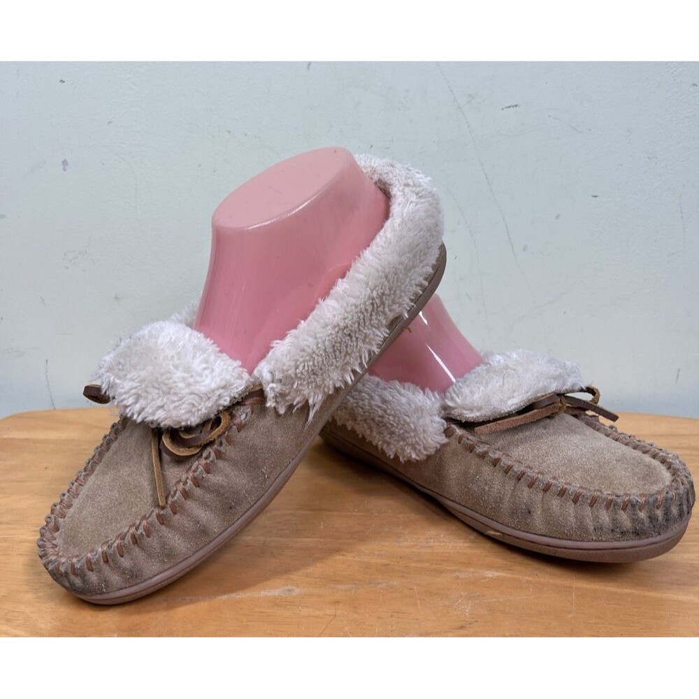 Minnetonka Womens Sz 7M Trapper Moccasin Slippers 40641 Brown Suede Hard Soles